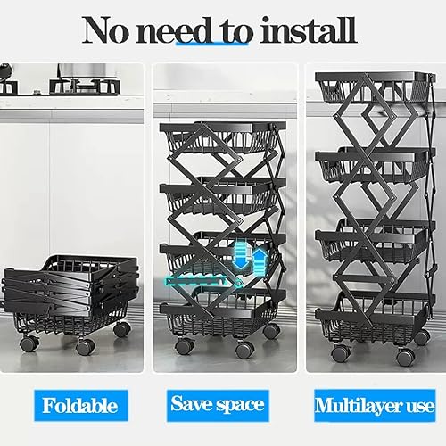 Miniatura 3 de Cesta plegable de almacenamiento de frutas y verduras para cocina, cestas de almacenamiento de alambre de metal con ruedas, carrito utilitario