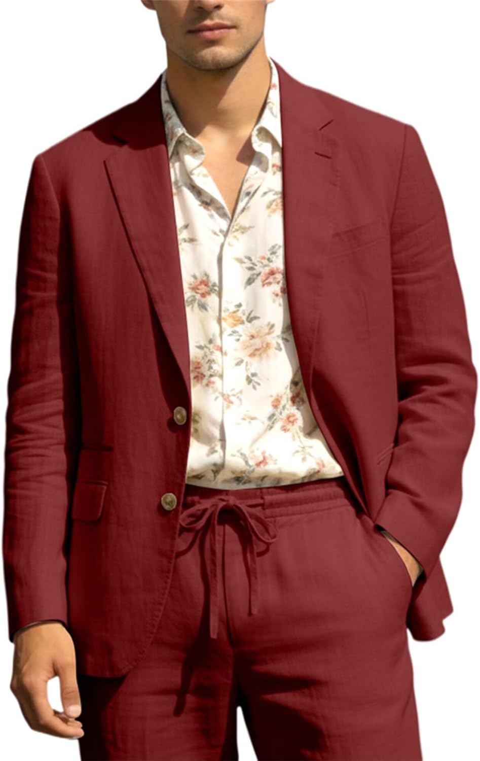 Men's Linen Suits 2 Piece Casual Regular Fit Linen Blazer Jacket and Pants for Summer Beach Wedding