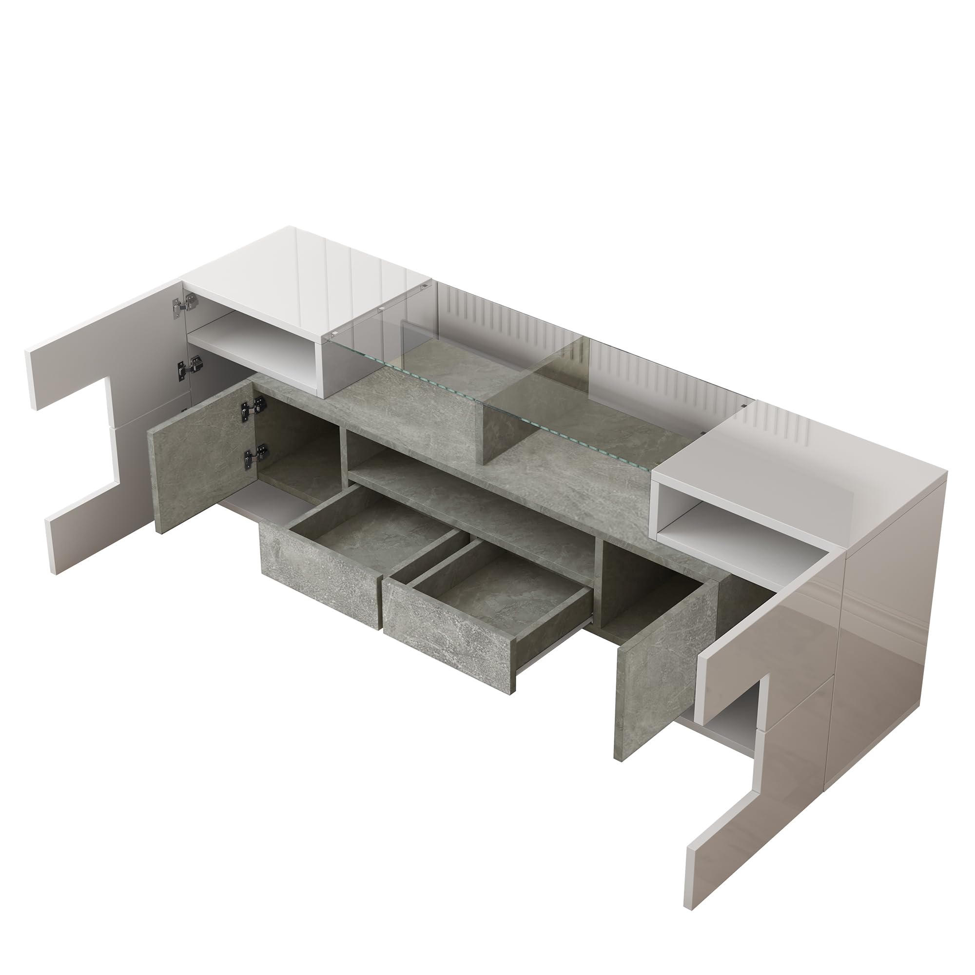 Elegante mobile TV da 145 cm, colore bianco lucido, banco TV con illuminazione LED e piano in vetro per soggiorno, design moderno (bianco e grigio, 145 cm)