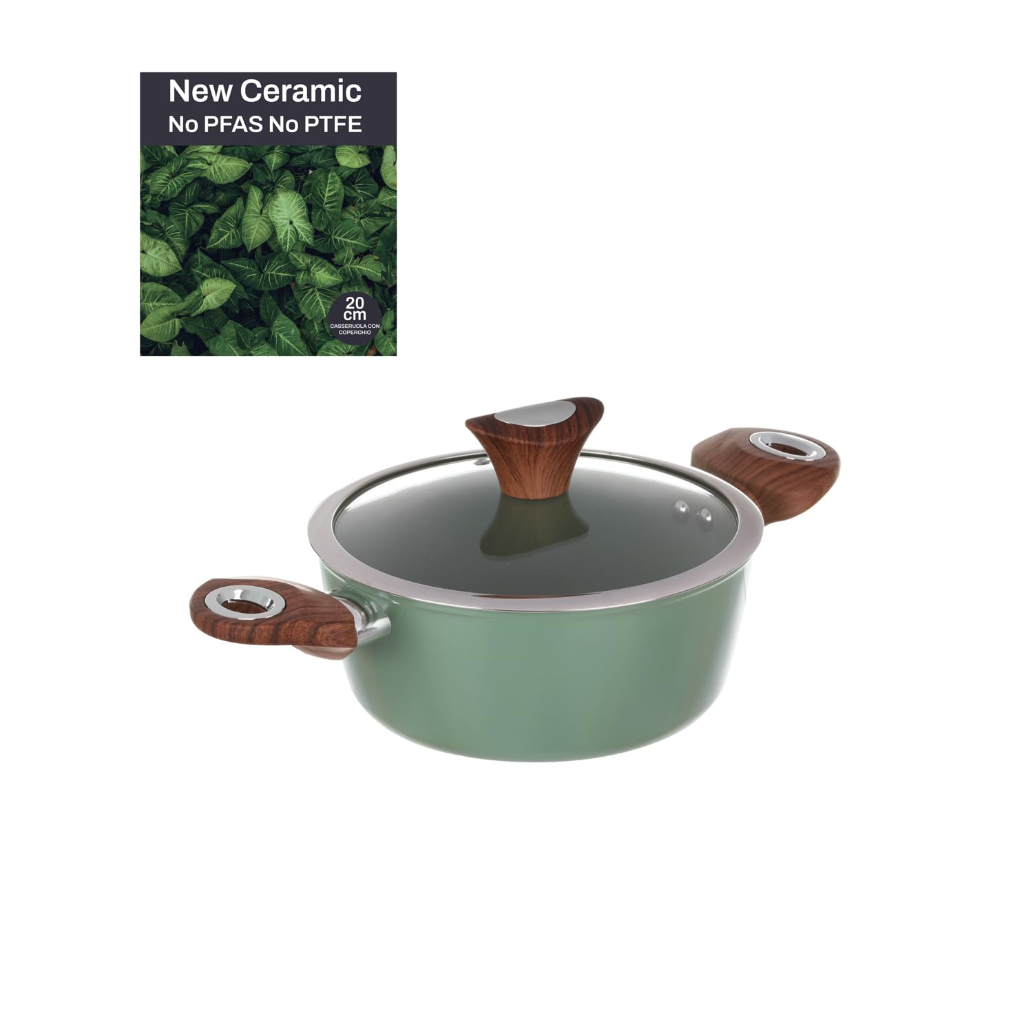 Casserole 20 cm avec couvercle vert New Ceramic en céramique saine