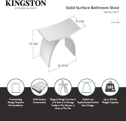 Miniatura 8 de Kingston Brass KBSSA17917 Descanso - Taburete de baño arqueado de superficie sólida, blanco mate 16.56 x 9.06 x 17.13