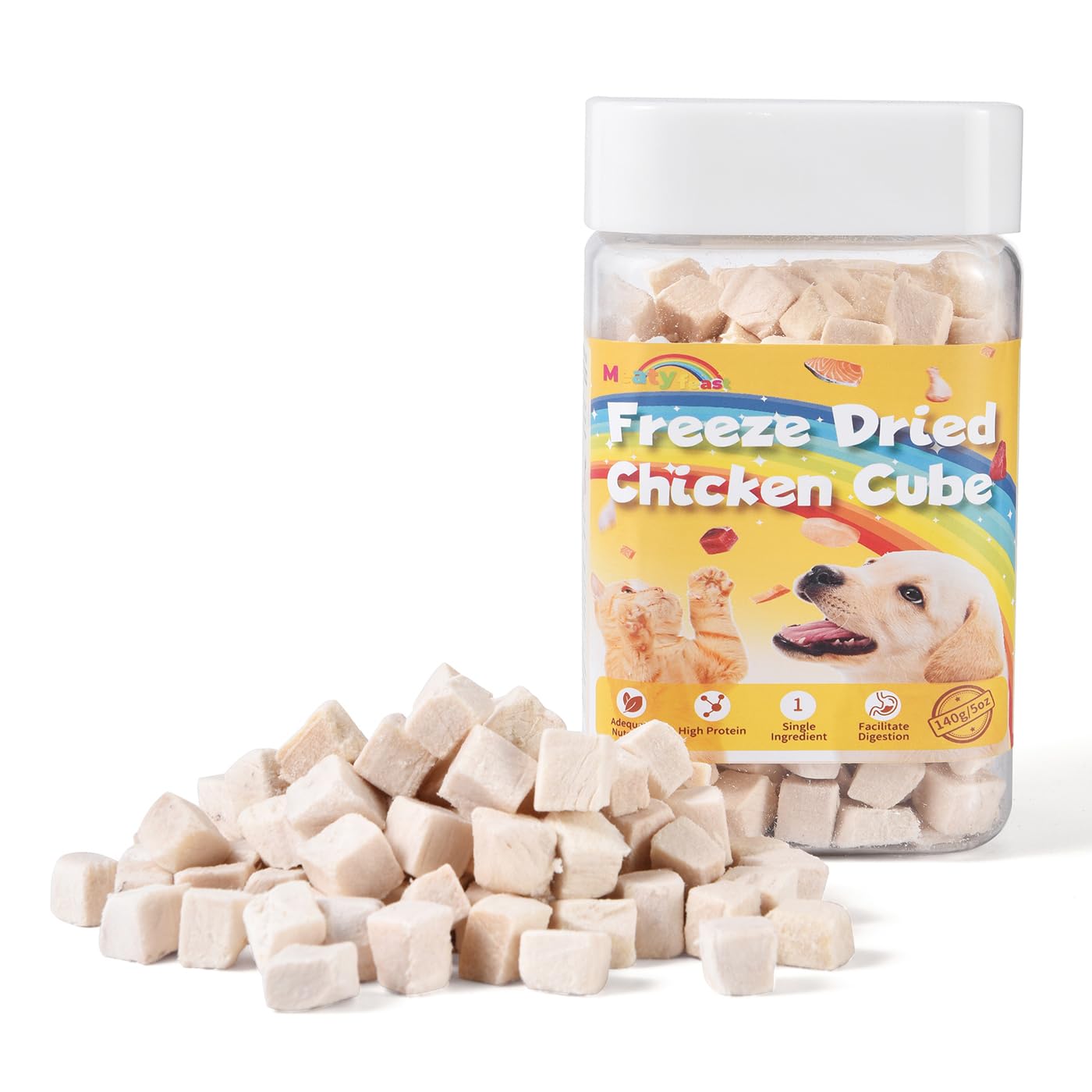 Meaty feast Freeze Dried Chicken Cat & Dog Treats for Training, Healthy High Protein Limited Single Ingredient Pet Food Snacks for Small, Medium, and Large Dogs Cats(Raw Chicken Breast Cubes, 5oz)