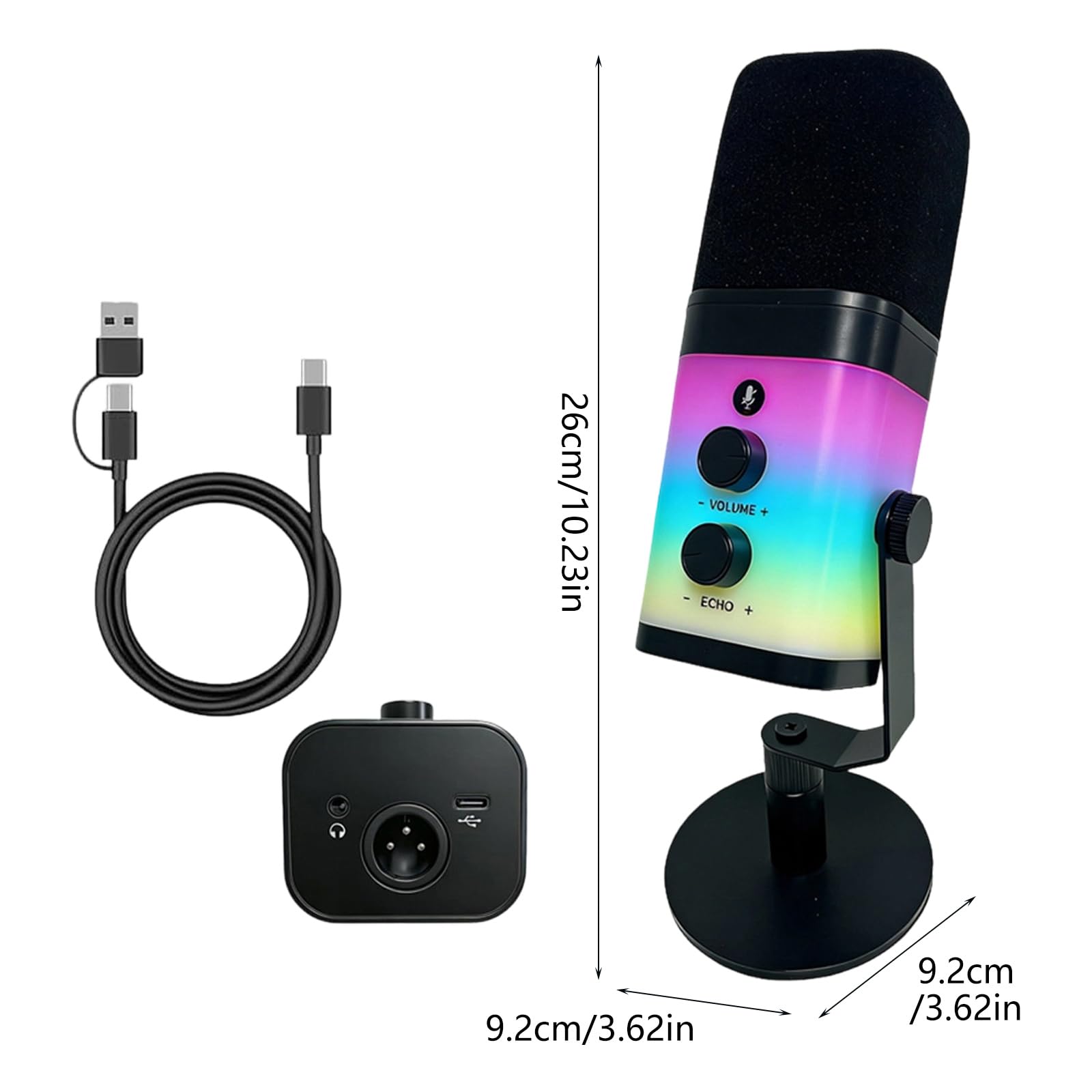 Micrófono dinámico de fidelidad con interfaces USB XLR y Efectos de luz de Color para Creadores de contenidos Captación de transmisión en Color