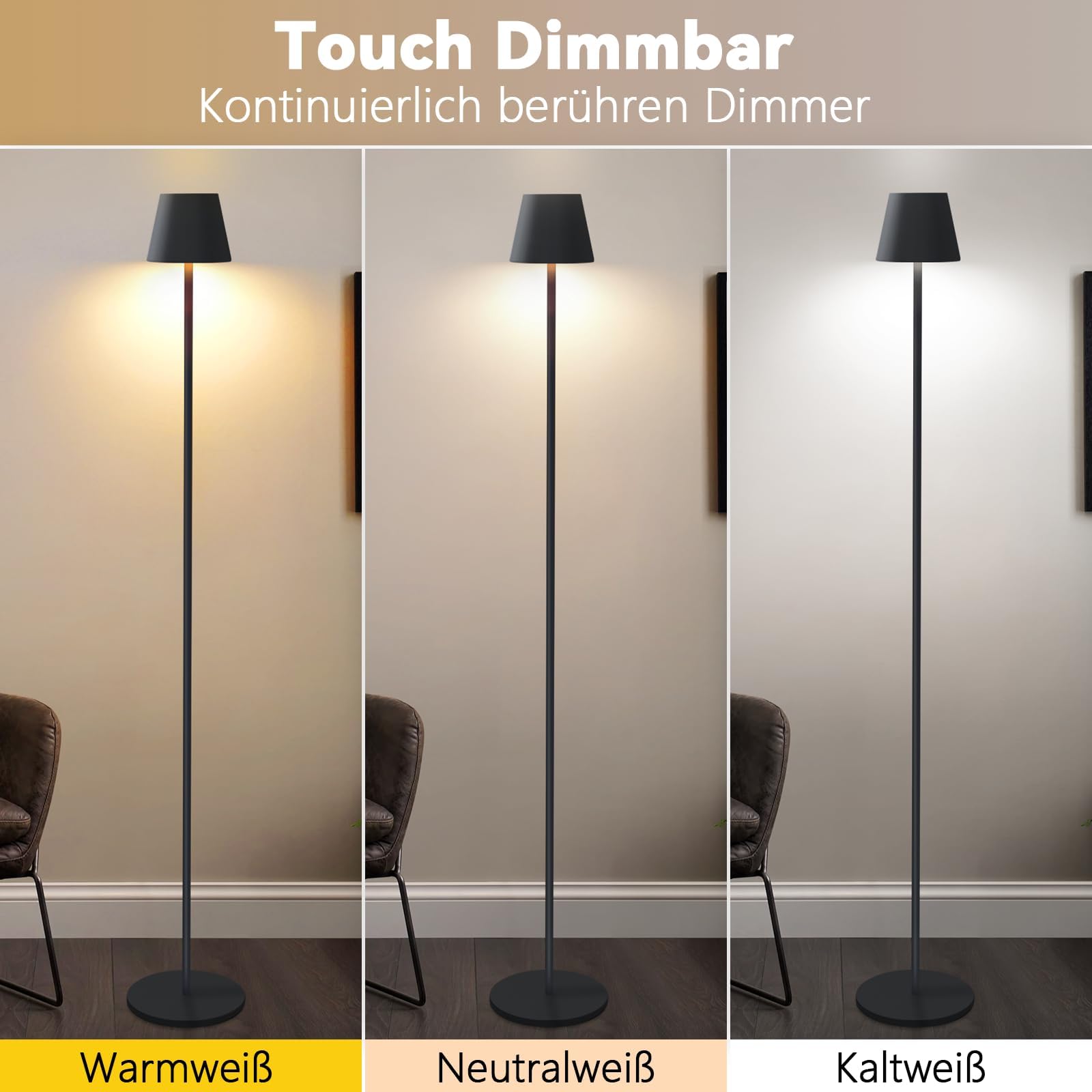 Homefire LED Stehlampe Dimmbar Wohnzimmer Stehleuchte 2ER: Schwarz | Standleuchte Modern USB Akku Steh lampe mit 3 Farbtemperaturen 3000K-6500K für Schlafzimmer Arbeitszimmer und Büro