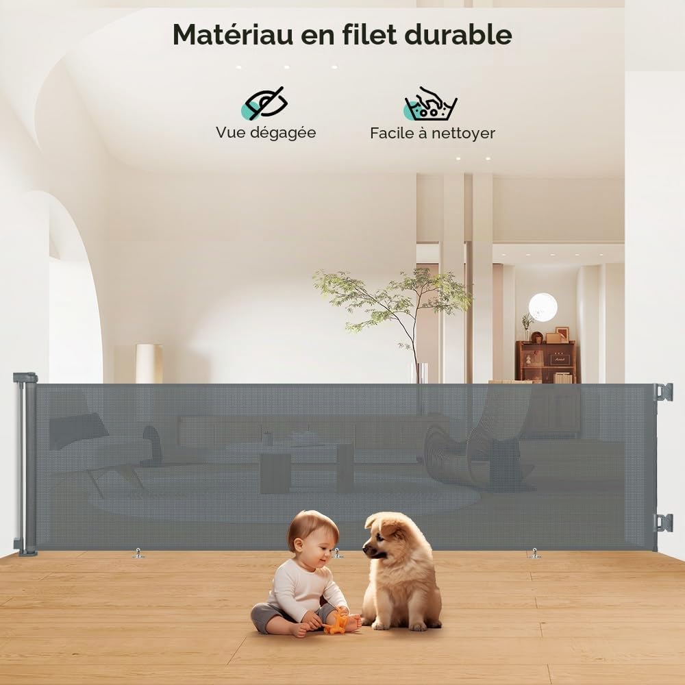 COMOMY 0 à 300cm Barriere de Securite Retractable, Barriere de Securite Enfant, Bébés,Chiens et Chats, Opération à Une Main, Gain de Place, Barrière Extensible pour Escalier/Portes/Extérieur, Gris