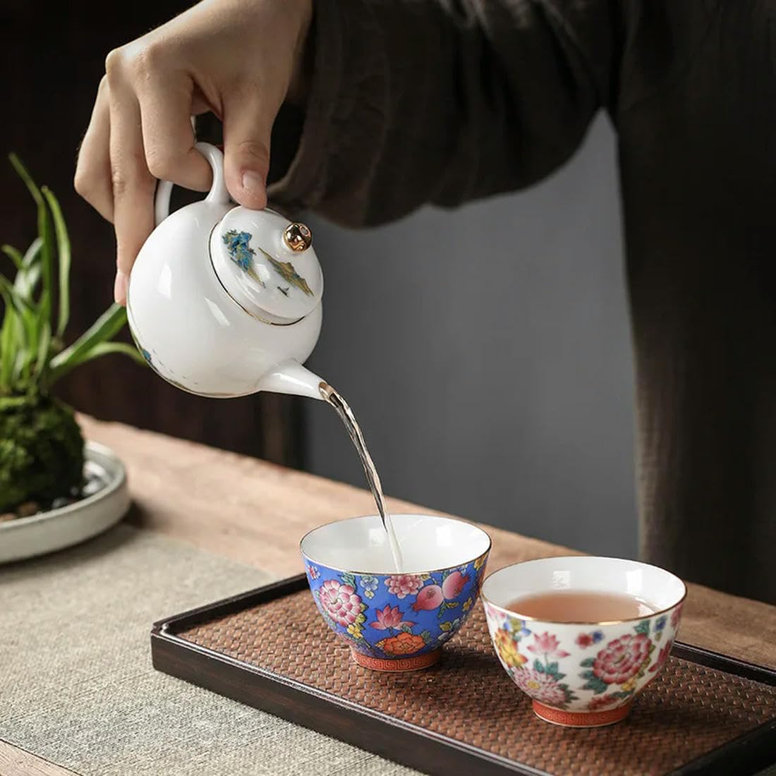 Juego de Tazas de té esmaltadas de Porcelana Blanca, Taza de té de cerámica Pintada a Mano, Sombrero de Flores, Juego de té de Kung Fu, tazón de té, 6 uds.
