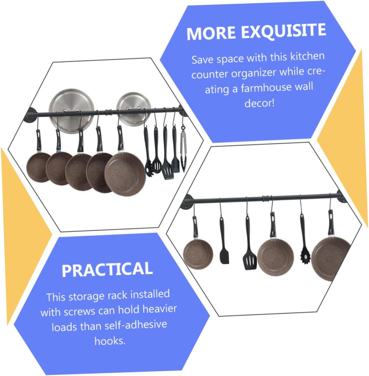 VICASKY Wall Mounted Pot Rack and Pan Organizer, Iron Kitchen Storage Rail with Hooks, 13x60cm Hanging Pot Lid Holder for Kitchen Wall Organization