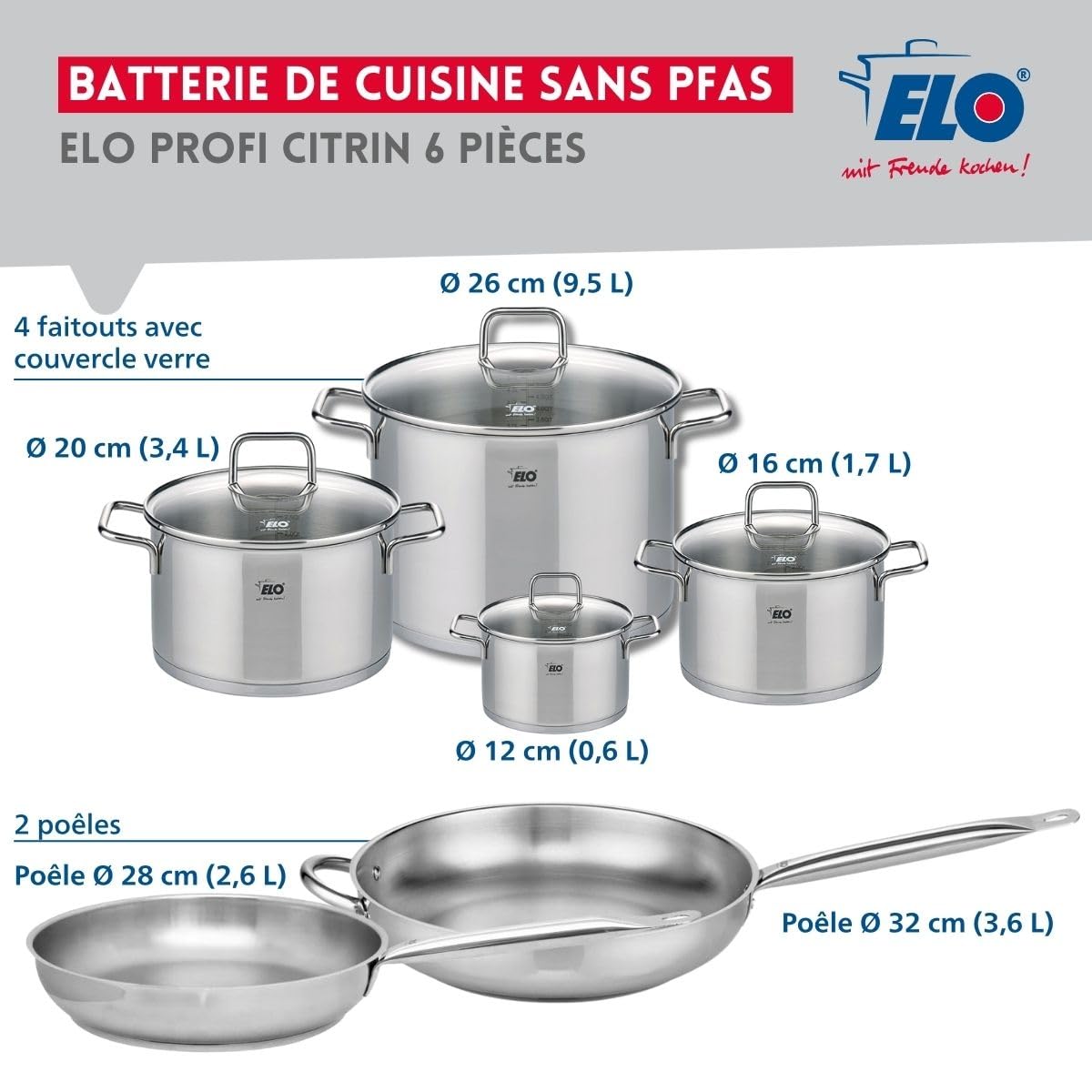 ELO 9510550 Kochgeschirr-Set, 6-teilig, 2 Bratpfannen 28 und 32 cm und 4 Kochtöpfe 12, 16, 20 und 26 cm Elo Profi, Citrin, Edelstahl, Induktion