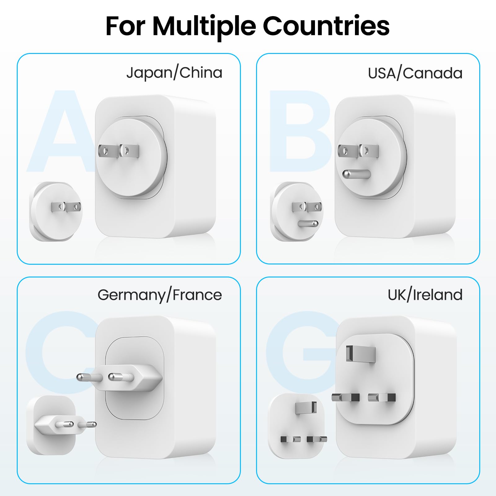 Adaptateur de Voyage Mondial, 4 Prises de Voyage Amovibles Travel Adapter, Adaptateur de Voyage vers USA/UK/Japan/Europe, Adaptateur Type A/B/G/C International avec 2 USB C/2 USB A//1 AC