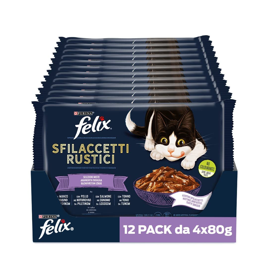 Felix Purina Sfilaccetti Rustici Cibo Umido per Gatti con Manzo, Pollo, Tonno e Salmone 48 buste da 80g