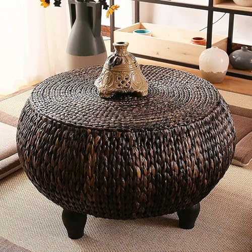 Mesa de centro de ratán, mesa redonda de mimbre rústico tejida a mano para sala de estar, mesa auxiliar versátil de hierba marina ideal para decoración del hogar