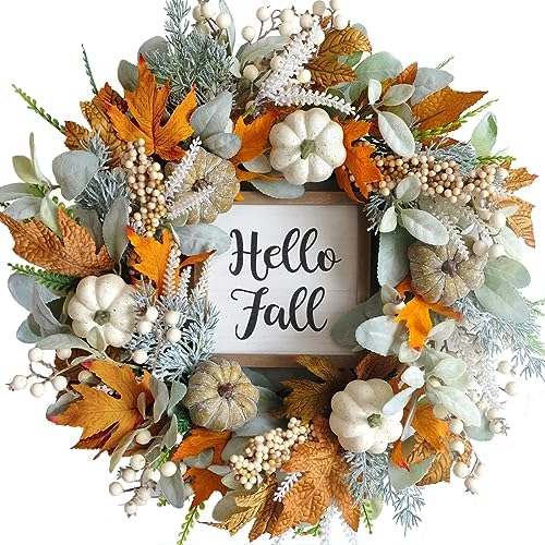 20inch Thanksgiving Fall Wreath, Eucalyptus Berries Pumpkins Lamb...