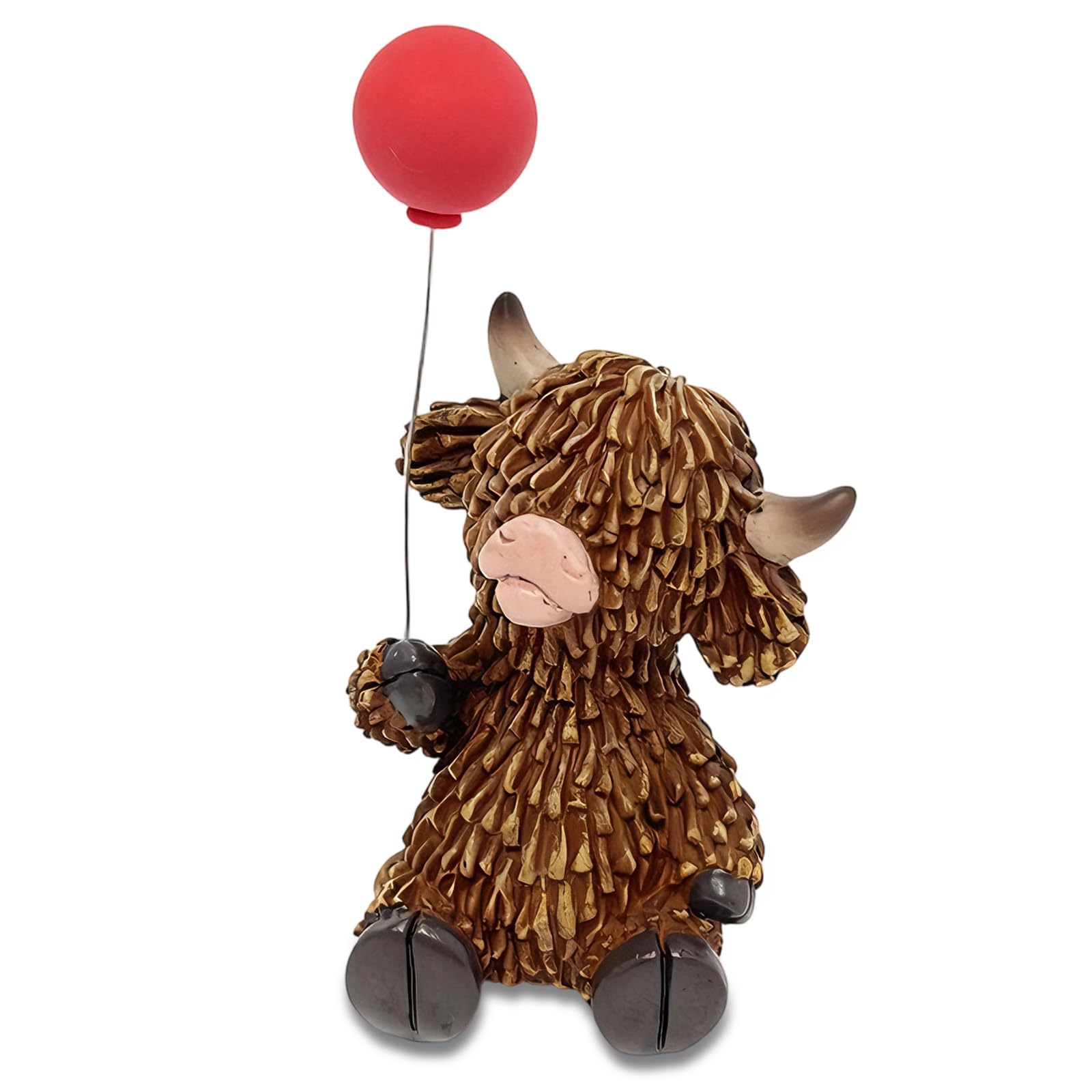 Qubitly Resin Highland Cow Ornament, Cute Calf with Floating Balloon Desktop Decor, Whimsical Ornaments for Living Room, Bedroom & Garden, Perfect Highland Cow Gifts for Animal Enthusiasts