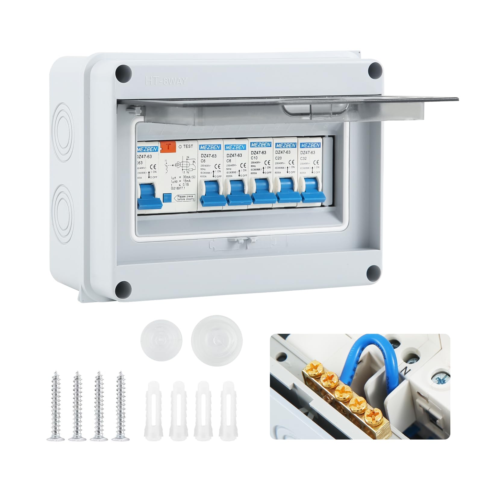 4 Way Consumer unit Circuit Breaker, Garage unit with Assembly Tool, 63A 30mA RCD 4MCB 2x6A+10A+20A+32A