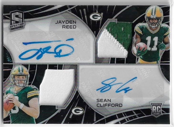 Jayden Reed & Sean Clifford Autographed & Serial Numbered #09/50 Rookie Card Double Patch Autograph Game Used Jersey Relic Memorabilia Collectible Football Card - 2023 Panini Spectra Football Card #DPA-RC (Packers)