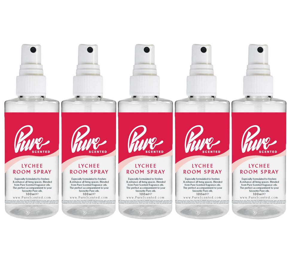 Pure Scented 500ml Room & Fabric Sprays 5 x 100ml Suitable For Home, Car, Caravan, Work, Gym Bags, Odour Eliminators (5 x 100ml, Lychee)