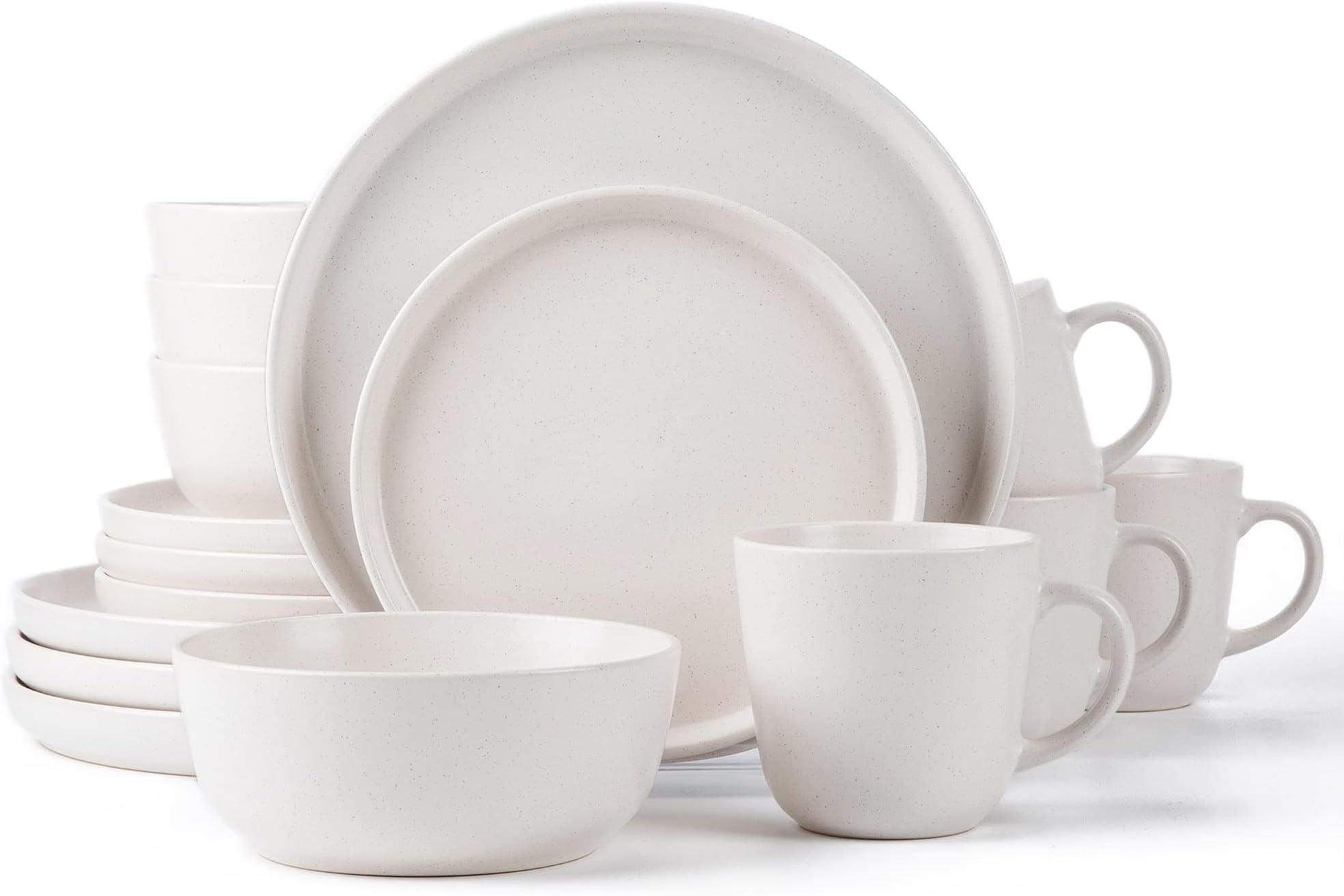 AroraSKUGGA Round Stoneware 16pc Dinnerware Set of 4, Dinner Plates, Side Plates, Cereal Bowls, Mugs - Matte White (466817)