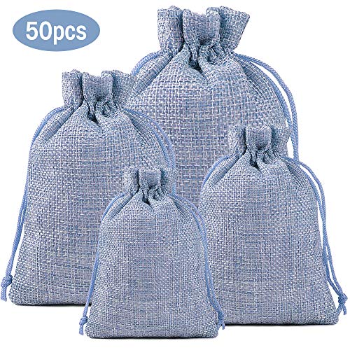 Lucky Monet 25/50/100Pcs Burlap Gift Bags With Drawstring Linen Jewelry Pouches Wedding Hessian Jute Bags For Birthday Party Wedding Favors Gift Art And Diy Craft (50Pcs, Baby Blue, 7" X 9") #TOP3