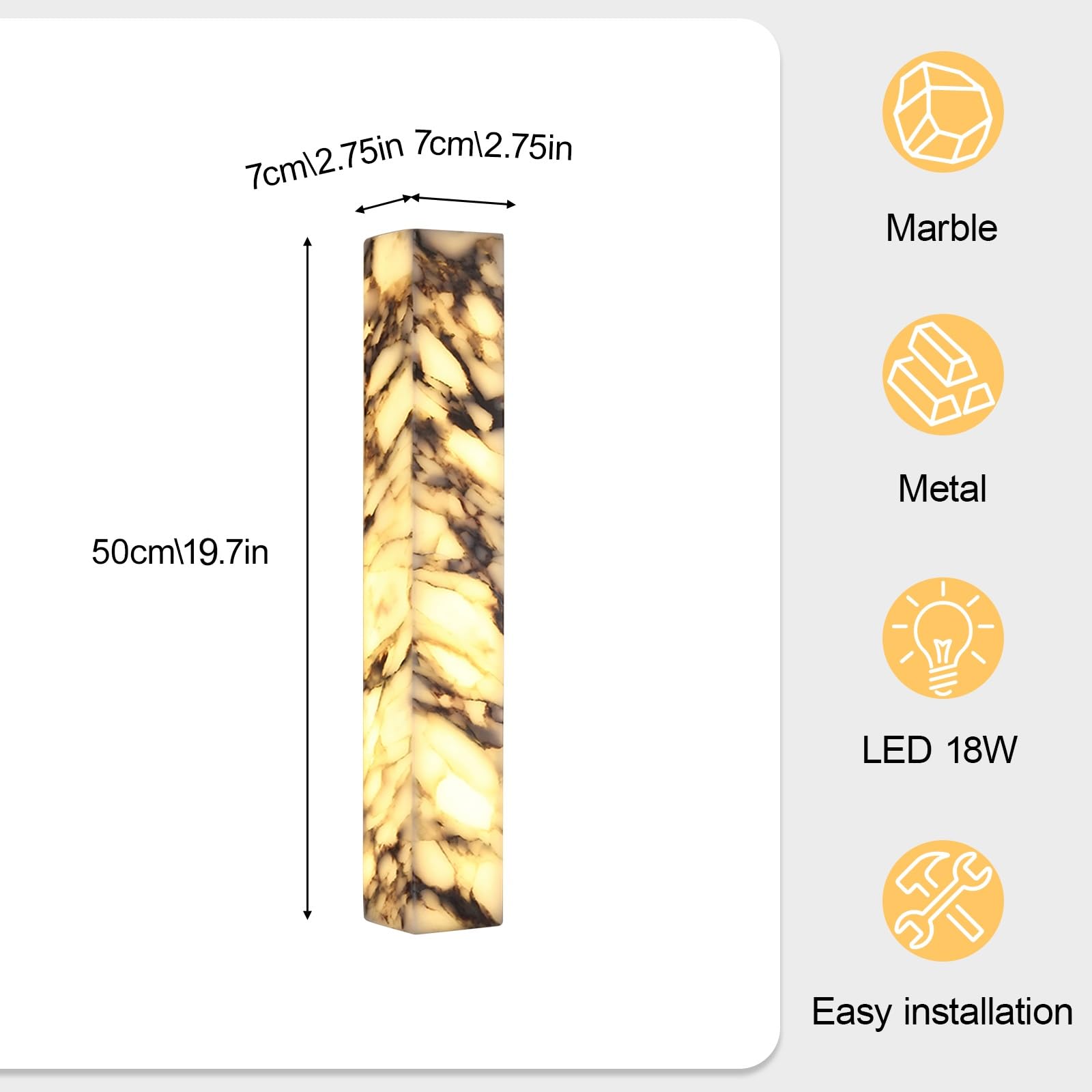 Applique da parete in alabastro da 19,7 pollici, applique rettangolare in marmo naturale, lampada da parete moderna a LED in pietra lunga striscia, luce for montaggio a parete for interni