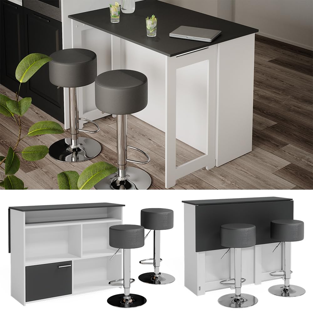Vicco Set de Mesa de Bar Dominic, Antracita/Blanco, 116 x 37 cm con 2 taburetes de Bar, Tablero de Mesa abatible para Uso Flexible en Espacios pequeños