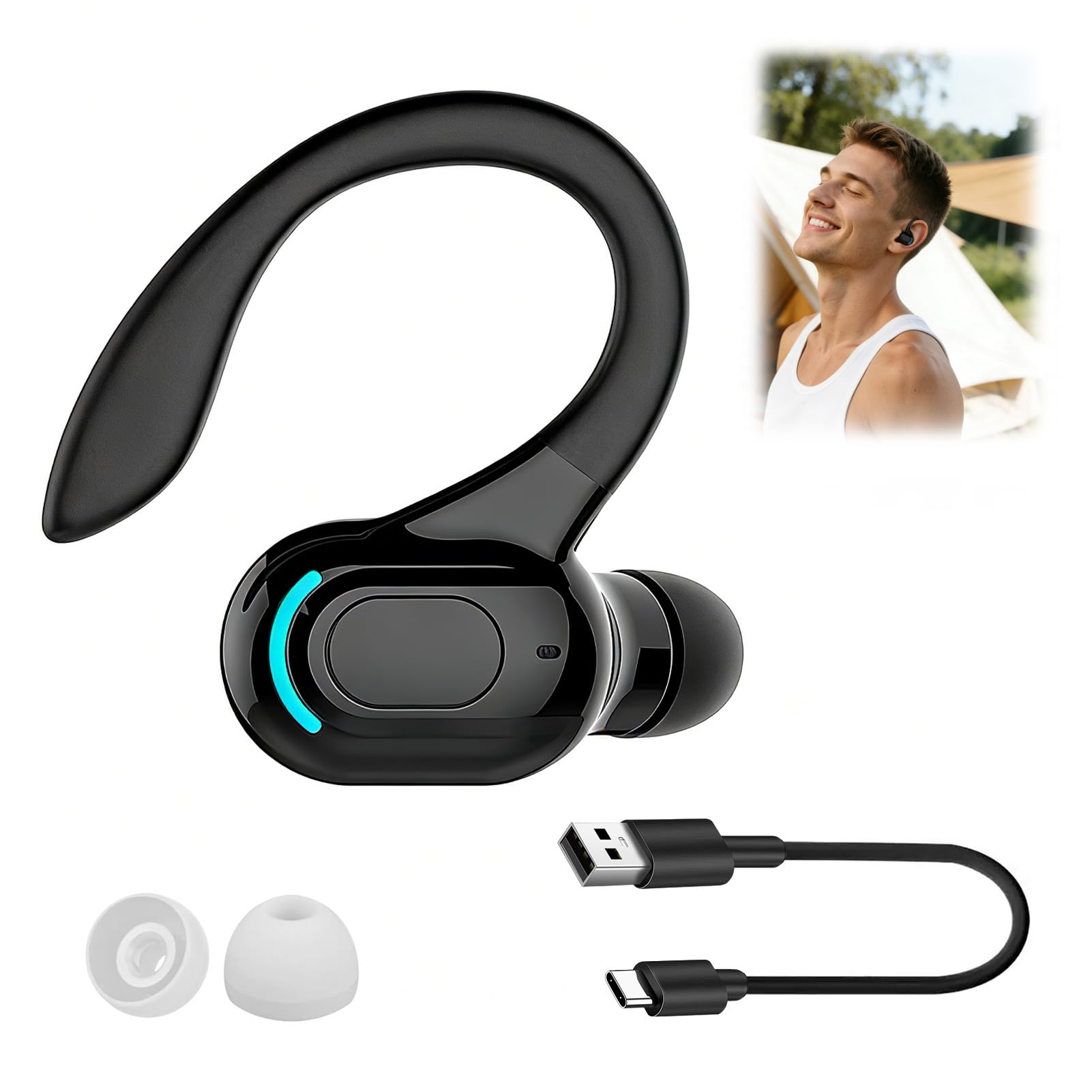 Auricolare Bluetooth Mono senza fili V5.2, microfono integrato a mani libere orecchio, 70 mAh, fino a 20 ore di riproduzione, design a 360° sopra l'orecchio, uso casco wireless per iPhone, Android e