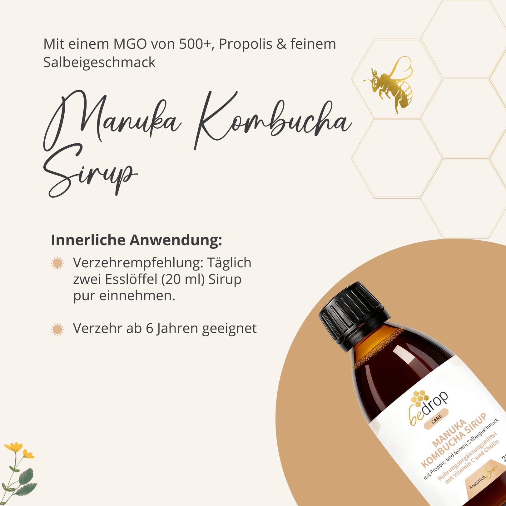 bedrop Manuka Kombucha Sirup I Mit Cholin und Vitamin C I Mit hochwertigem Manuka Honig +500 MGO & Propolis Extrakt - 200ml