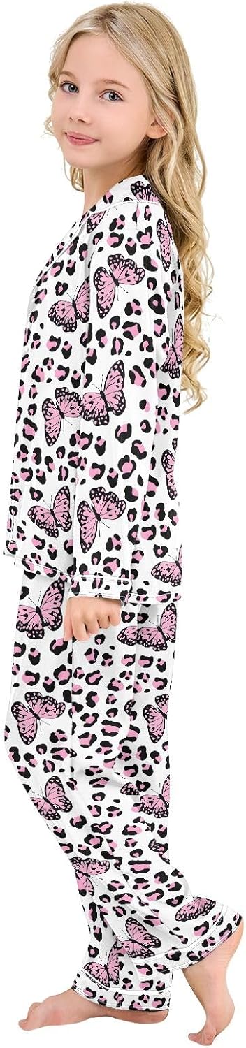 Kids Casual Satin Wear Set Pink Leopard Butterfly Pattern Unisex Relaxed Fit Clothing