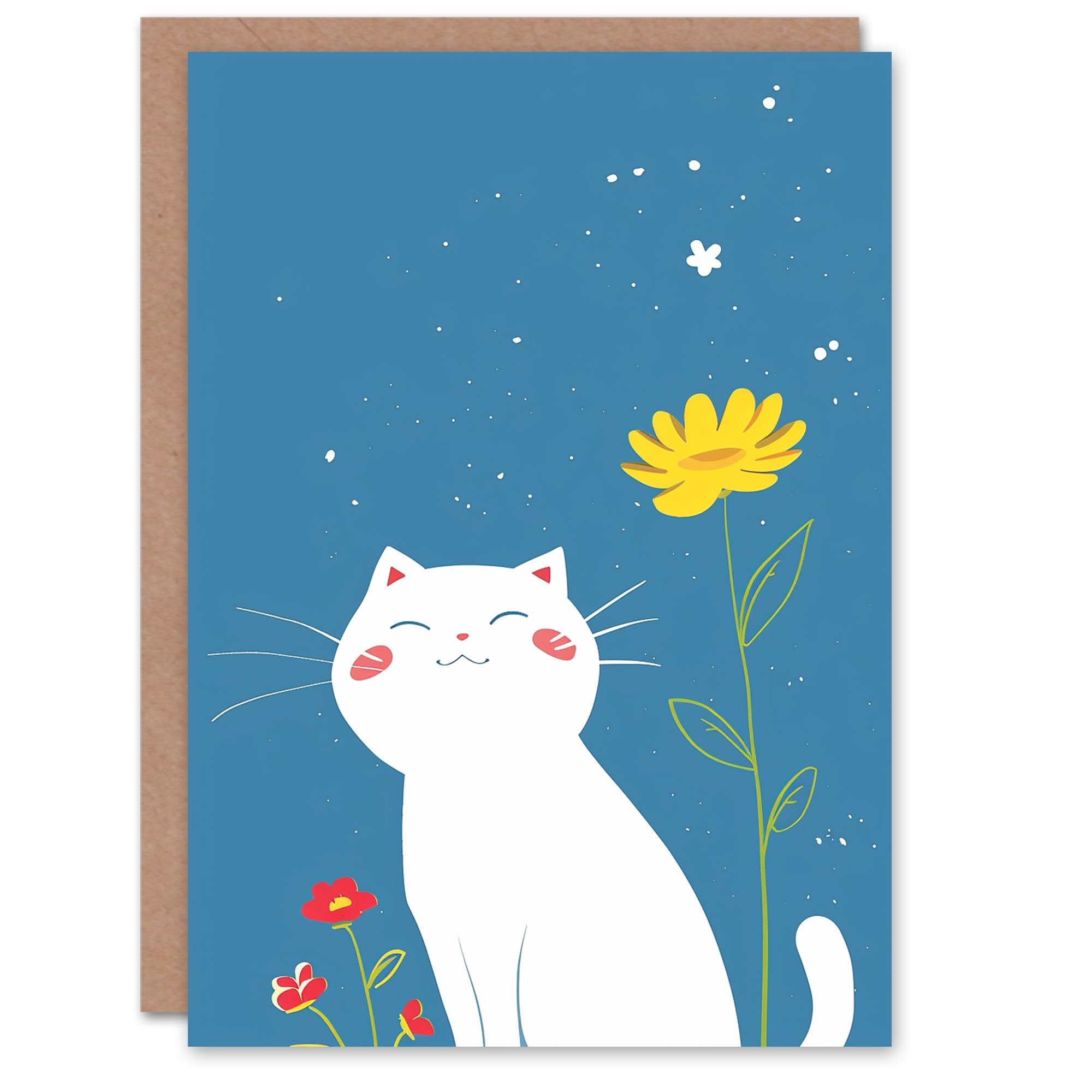 Artery8 Birthday Card White Cat Lover Cute Smiling Kitty Floral Kawaii For Her Gran Sister Niece Daughter Wife Woman Greeting Card