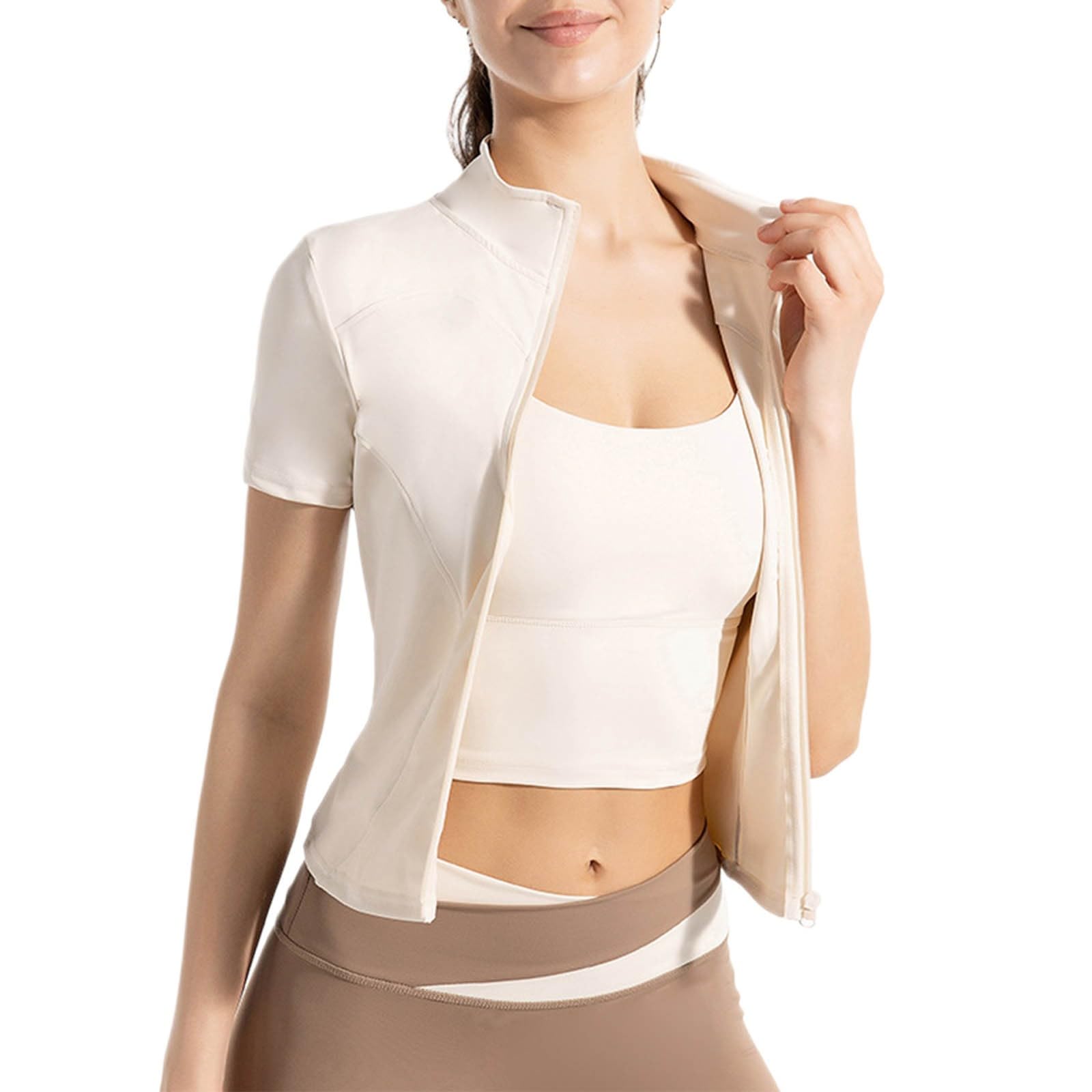 Women's Sun Protection Shirts Short Sleeve Zip Front Tops Slim Fitted UV Yoga Running UPF50+ Clothes(White,XX-Large)