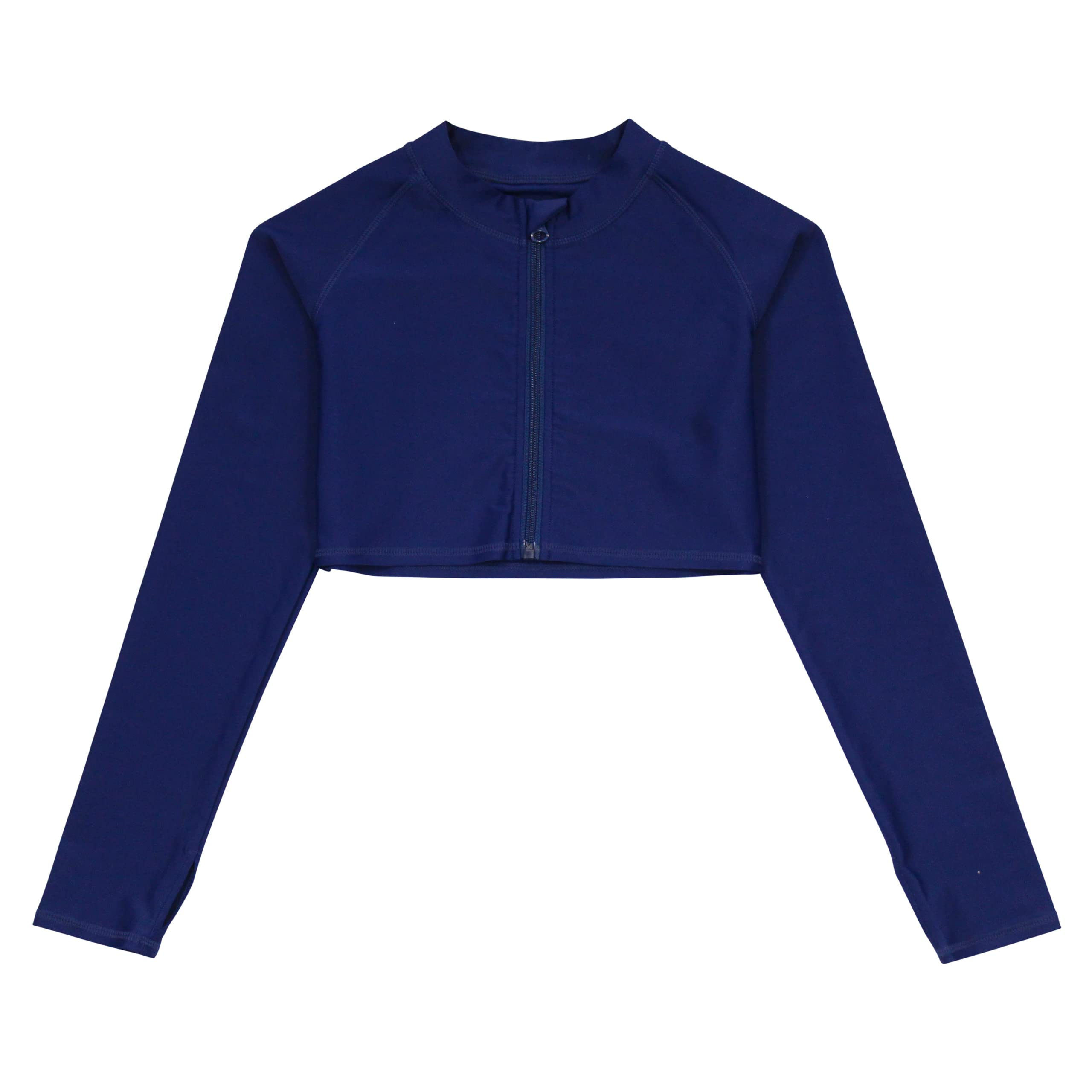 SwimZip Girls' Long Sleeve Zipper Crop Top Rash Guard UPF 50+ - Navy 12-14