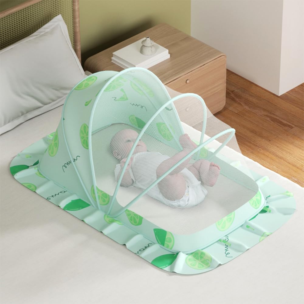 Baby mosquito net, bed tent, children's portable breathable folding bottomless cradle mosquito net cover, new upgrade, reinforced bracket, anti-mosquito cat entry (green, Medium)
