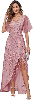 Sparkly Sequin Tulle Mother of The Bride Dresses for Women Short Sleeve Long Formal Dress with Slit - Buy now