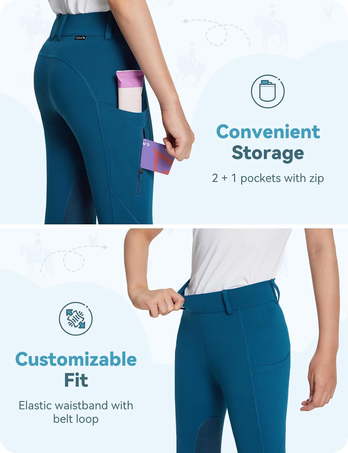 baleaf Girls Riding Pants Kids Equestrian Breeches Knee-Patch Zip Pocket Horseback Tights - Image 4