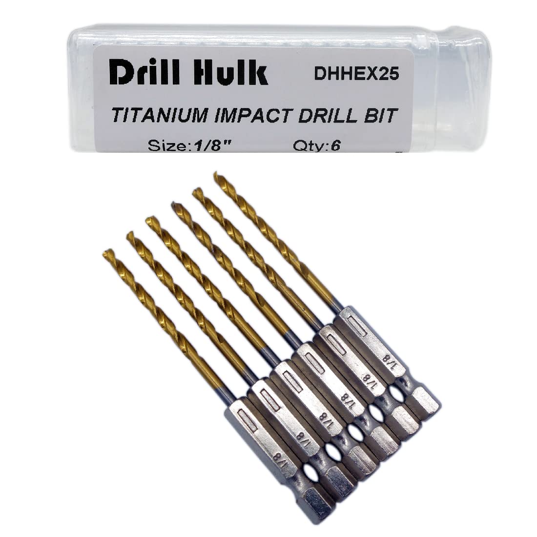 Pack of 6, 1/8-Inch Titanium Nitride Coated Drill Bit, Hex Shank, Premium M2 High Speed Steel, for Metal, Plastic, Wood