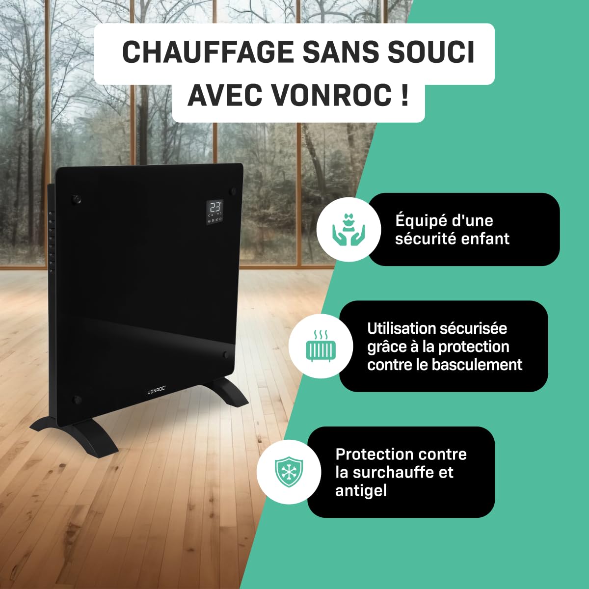VONROC Chauffage Électrique 1000W - Panneau Verre Noir- Wi-Fi & Manuel - LED, Thermostat, Minuterie, Sécurité Enfants - Silencieux, Convecteur Design pour Pièces jusqu’à 12m²
