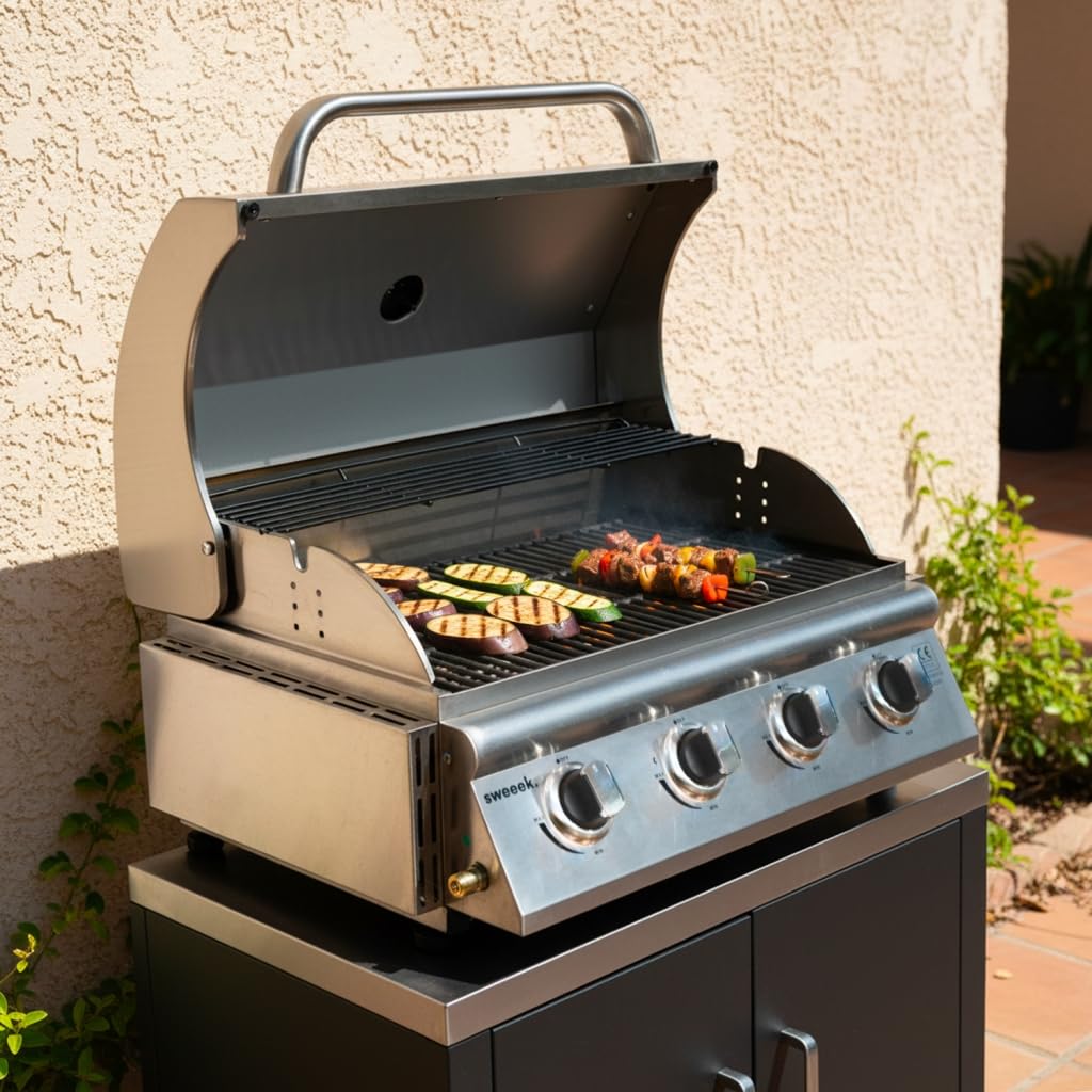sweeek-Parrilla de gas empotrable de 4 quemadores Plata - 73x51.5x47.5 cm | Grimaud