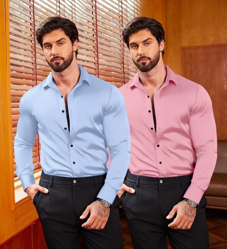 Image of Combo of Men's Premium Satin Cotton Shirt with Full Sleeves & Spread Collar | Smooth Finish | Slim Fit | Stylish Button Down Shirt for Evening, Casual Pack of 2
