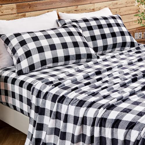 Image of BEDELITE Fleece Sheets Queen Size Bed Set, Luxury Black and White Plaid Winter Bedding Set, Super Soft & Warm Fuzzy Flannel-Like Sheets 4 Piece(Include Fitted Sheet, Flat Sheet, 2 Pillowcases)