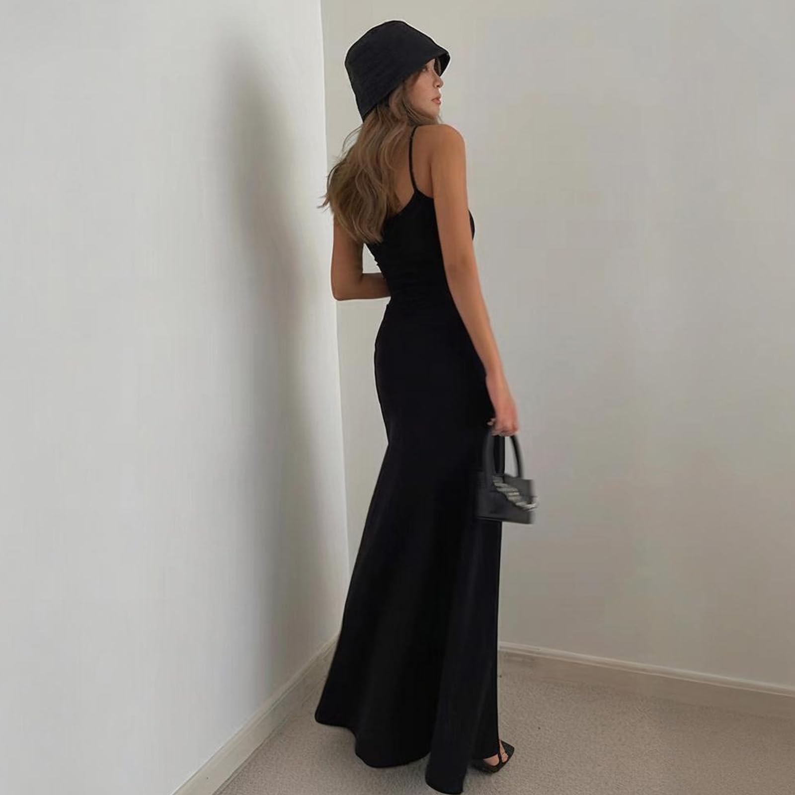 Vestito Lungo Donna Spaghetti Strap Senza Maniche Aderente Casual Abito Lunghi Sexy Senza Schienale Bodycon Maxi Abiti Estivo Elasticizzato Vestiti da Festa per Cocktail Cerimonia Discoteca