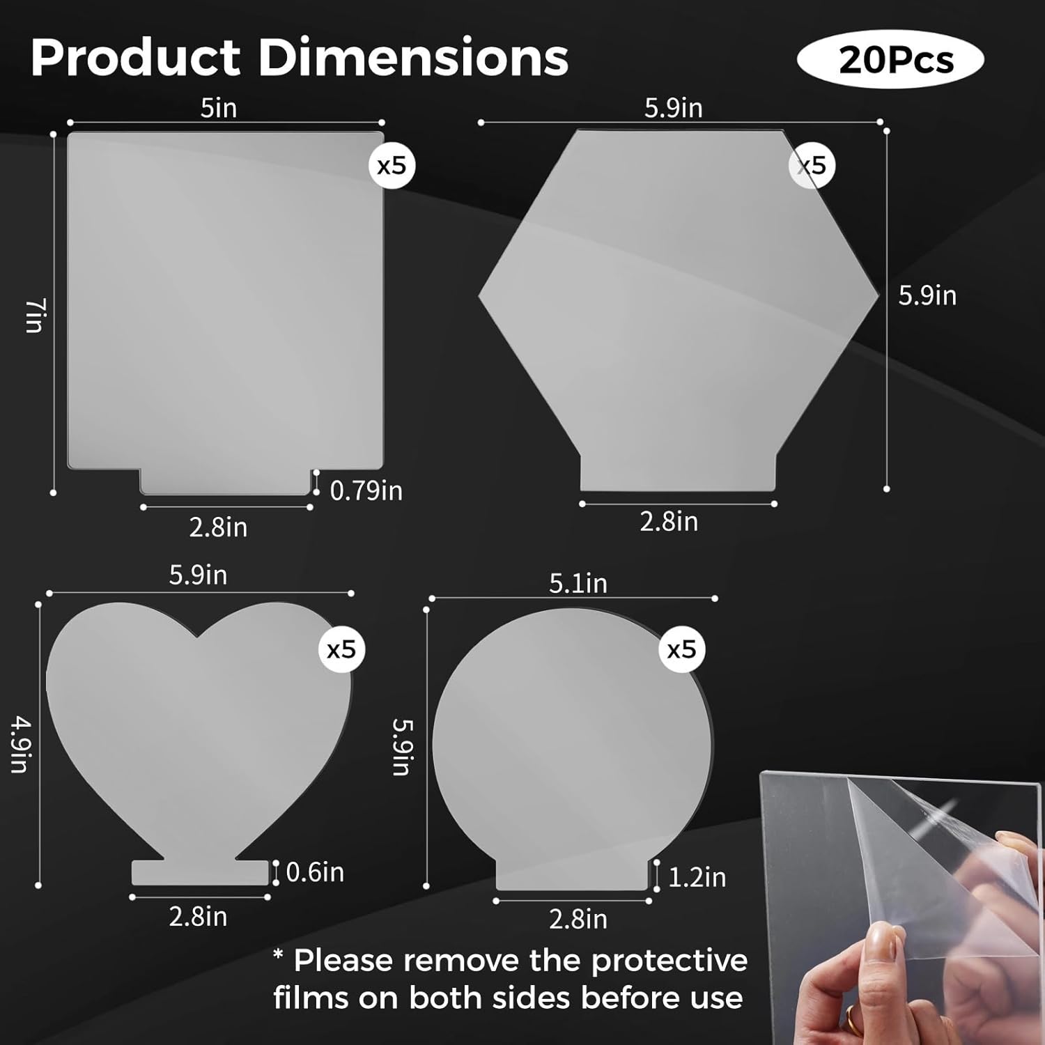 Acrylic Craft Panels, 20-Piece Set in 4 Different Shapes, Clear Cast Boards with Double Protective Layers, Ideal for Led Display DIY Signs