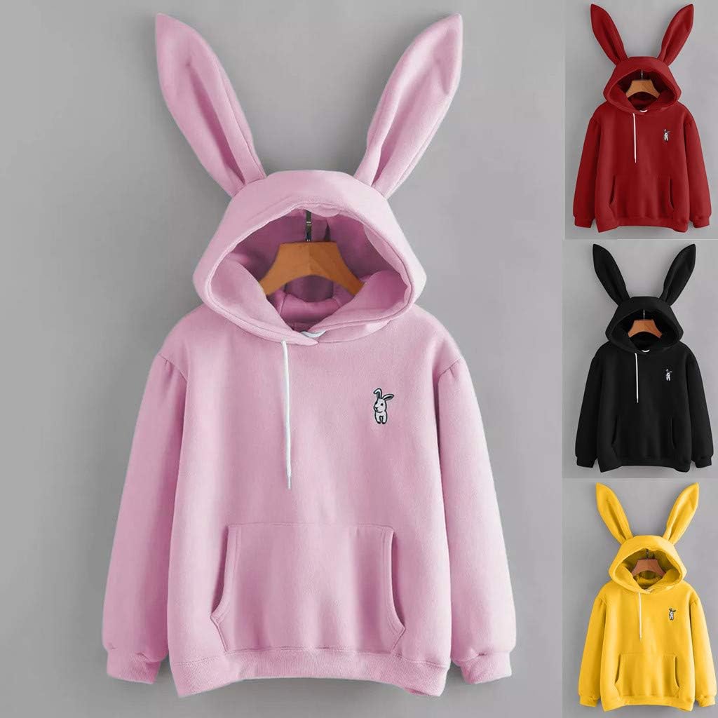 Sunhusing Ladies Cute Rabbit Ear Long Sleeve Hoodie Solid Color Embroidery Pullover Sweater