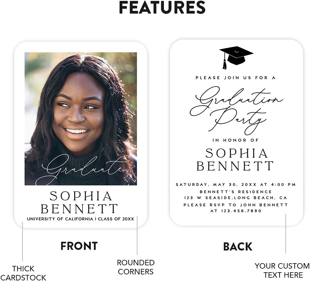 Andaz Press Personalized Graduation Invitations 2026 With Self Seal Envelopes, Graduation Announcements 2026, Classic Frame Party Invitations with Photo for High School College, 24 Pack, 7x5 Inches