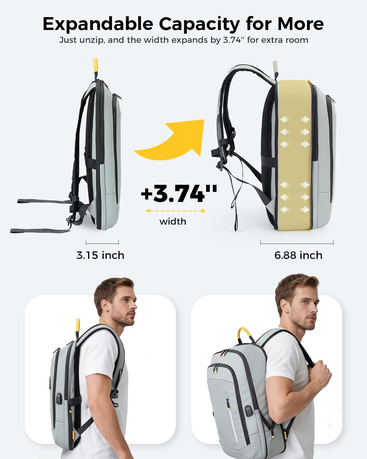 Slim Laptop Backpack for Men, 17.3 Inch Expandable Business Travel Backpack with USB Charging Port, 1.76Lbs Lightweight Work Computer Bag, 600D Waterproof Durable Backpack, Grey
