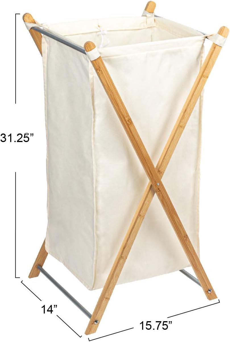 household essentials x-frame bamboo hamper, washable natural liner and bamboo frame, and renewable, folds for storage, simple and chic