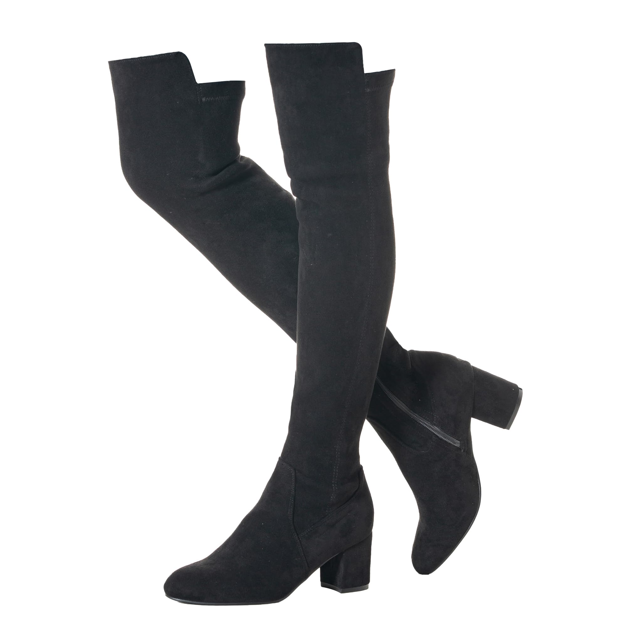 Mtzyoa Womens Over The Knee Boots Stretch Synthetic Suede Round Toe 2 5 Inch Block Heel Brown Black