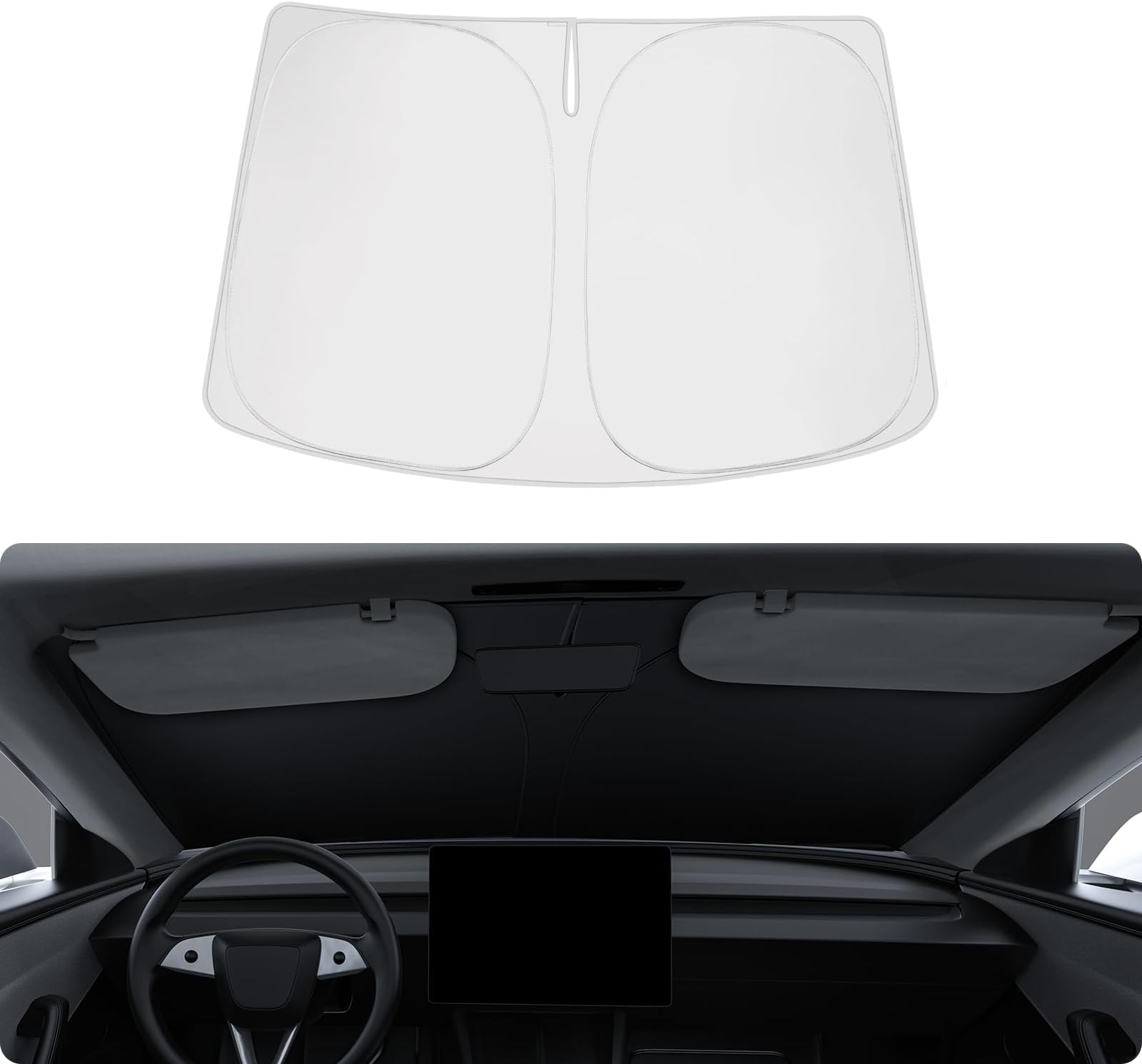 BASENOR 2017-2026 Tesla Model 3 Model Y Windshield Sun Shade Folding Front Window Sunshade Full Coverage Thermal UV Protection Visor Accessories (Fit Model 3 Highland & 2025 2026 Model Y Juniper)