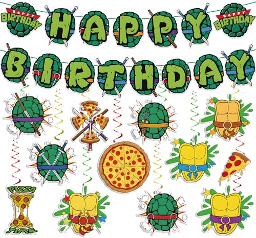 Birthday Decorations Set Include Banner and Hanging Swirls Green Happy Birthday Banner Pizza and Turtle Pattern Double-sided Cutouts with Hanging Swirls Indoor Outdoor