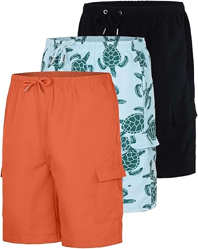 Real Essentials Paquete de 3 Traje de baño para niño con bolsillos tipo cargo y forro de malla, UPF 50+