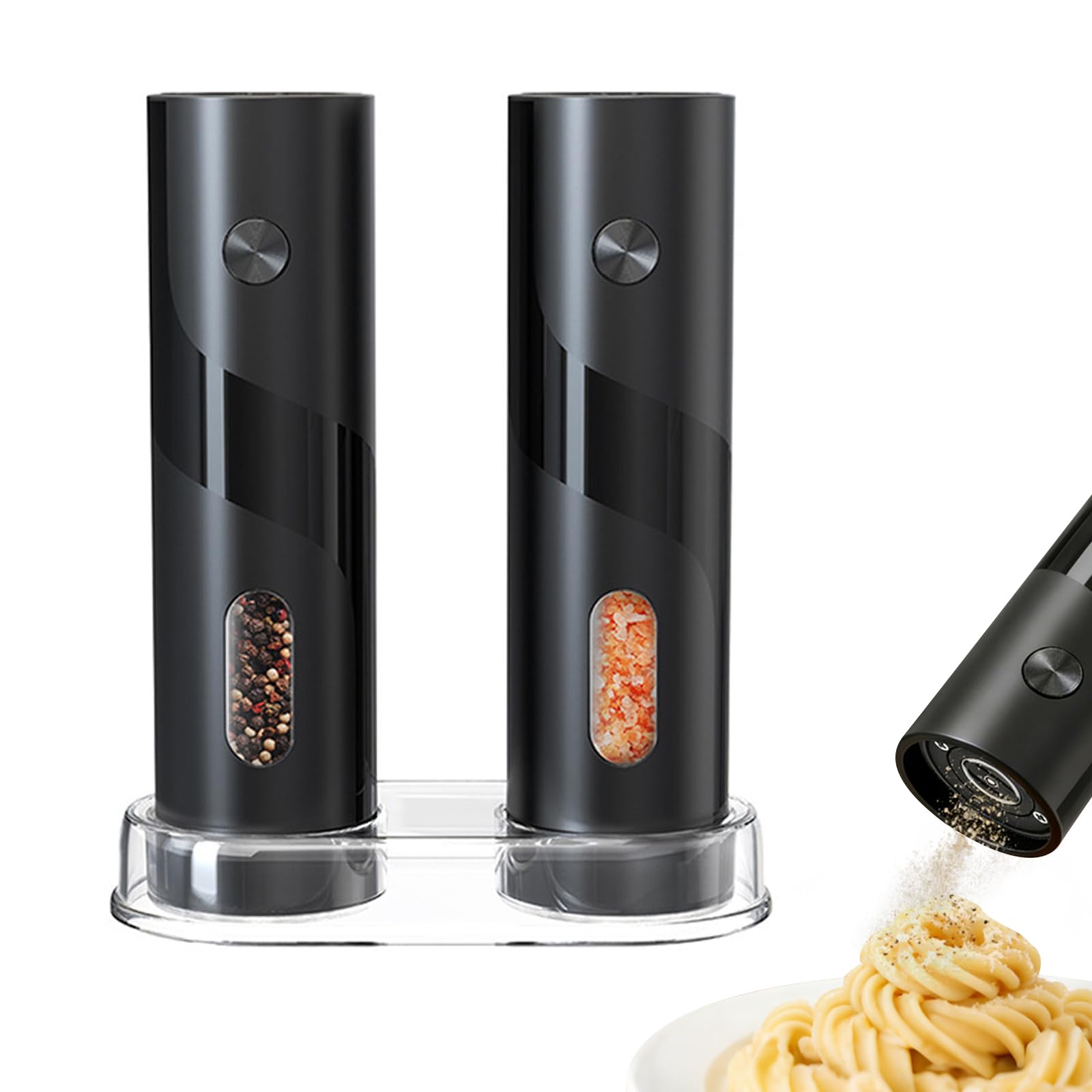 Elektrisches Salz- und Pfeffermühlen-Set mit Basis, automatische Pfeffermühlen mit 110 ml Behälter, externes verstellbares Grobheitsgewürzmühlen-Set, waschbarer Behälter für Küche/Picknick/Grill