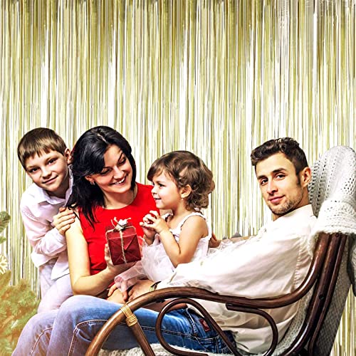Image of 4 Pack Light Gold Foil Fringe Curtain Backdrop, 3.28Ft x 8.2Ft Metallic Tinsel Foil Fringe Streamer Curtains for Party, Photo Booth Props, Birthday, 2022 Graduation Party Supplies